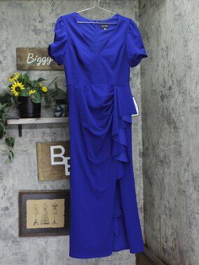 Xscape Blue Petite Scuba Crepe V Neck Ruffled Puff Sleeve Dress Gown